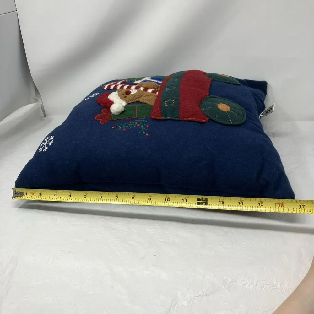 Christmas Throw Pillow 3D Felt Appliqué Teddy Bear Candy Cane Tree ~17x17”